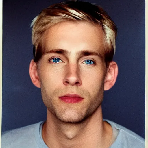 Image similar to full face color photograph of a 35 year old very handsome white man with very short light blond hair and small blue eyes, dressed in a maroon t shirt and black jeans, with very thin lips, with a straight nose and pale skin. He has masculine but gentle features.