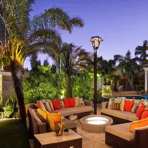 Image similar to Backyard with a pool, palm trees and patio with a fireplace in the middle of the sofas, big beautiful street lamps, Night Time