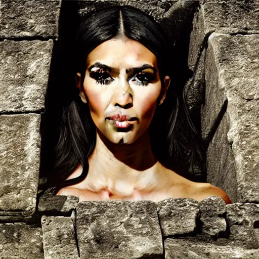 Prompt: detailed portrait of kim kardashian in mayan pyramid jungle ruins by charles theodore frere
