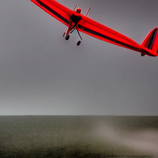 Prompt: Red biplane flying through a hurricane, lightning in the background.