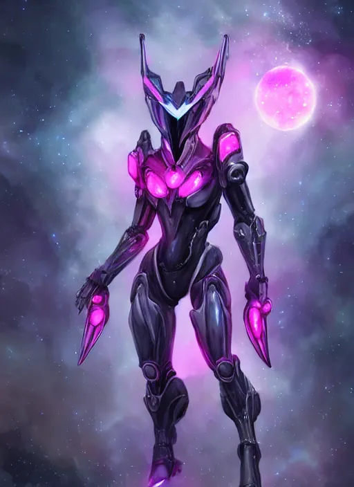 Image similar to cinematic shot, bust, cosmic sized perfectly proportioned stunning hot female warframe, robot mecha female dragon head, silver armor, fuschia leds, floating in empty space, nebula sized, holding a galaxy, epic proportions, epic size, epic scale, furry art, dragon art, giantess art, warframe fanart, furaffinity, deviantart