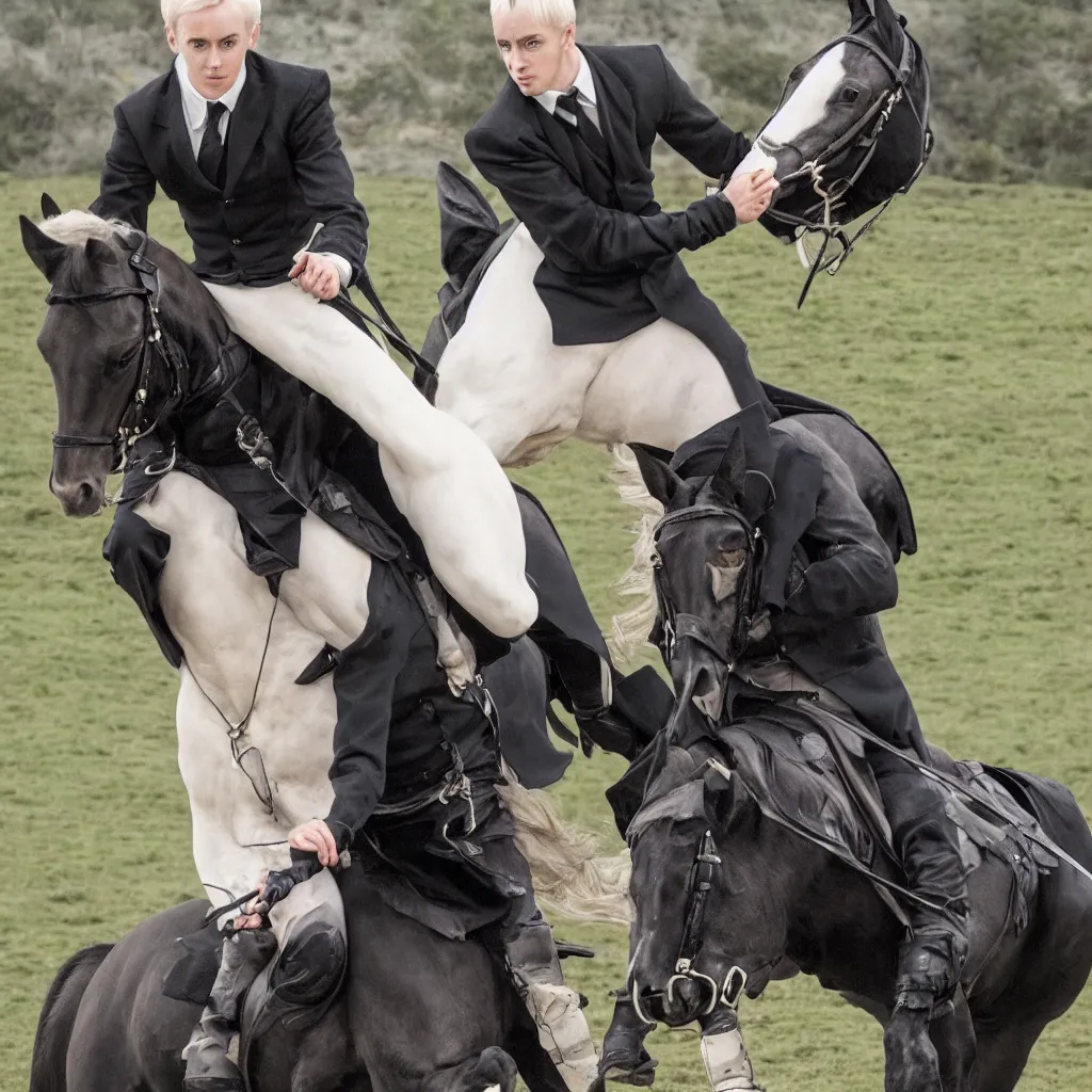 Image similar to Draco Malfoy riding one black horse