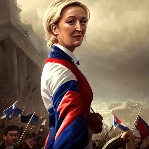 Image similar to Portrait of Marine le Pen , french revolution, heroic, french flag background, amazing splashscreen artwork, splash art, head slightly tilted, natural light, elegant, intricate, fantasy, atmospheric lighting, cinematic, matte painting, detailed face, by Greg rutkowski