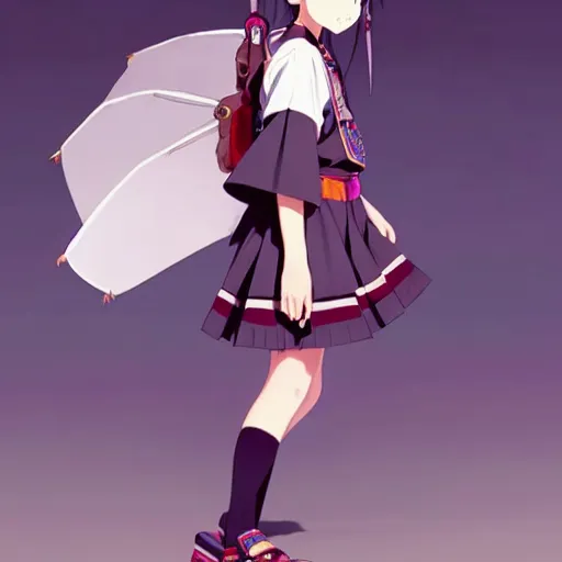 Image similar to a beautiful! boyish! natalie portman model, wearing catholic school girl outfit with mayan pattern and native style, aztec street fashion, guilty gear art direction, gapmoe yandere grimdark, trending on pixiv fanbox, painted by greg rutkowski makoto shinkai takashi takeuchi studio ghibli, akihiko yoshida