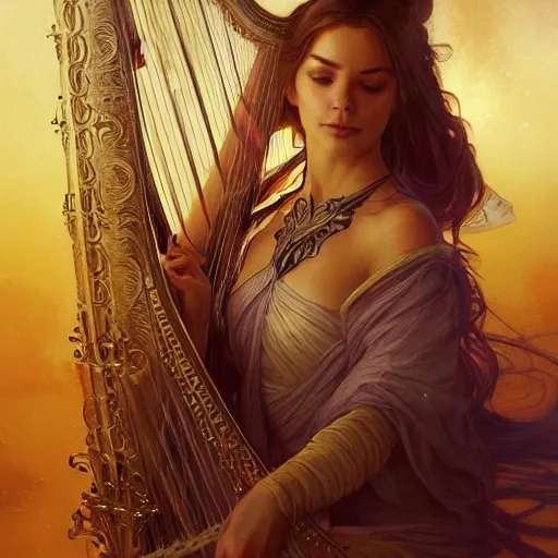 Prompt: a strange harp, d & d, fantasy, intricate, elegant, highly detailed, digital painting, artstation, concept art, wallpaper, smooth, sharp focus, illustration, art by artgerm and greg rutkowski and alphonse mucha