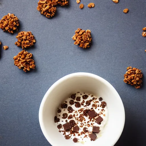 Image similar to a closeup shot of vanilla yoghurt with chocolate cereal. Highly detailed