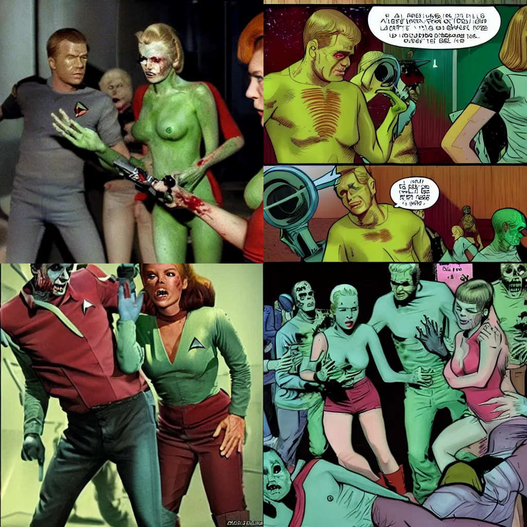 Prompt: a photo of a Starfleet starbase overrun with zombies, Captain Kirk still manages to get the babe with the green skin