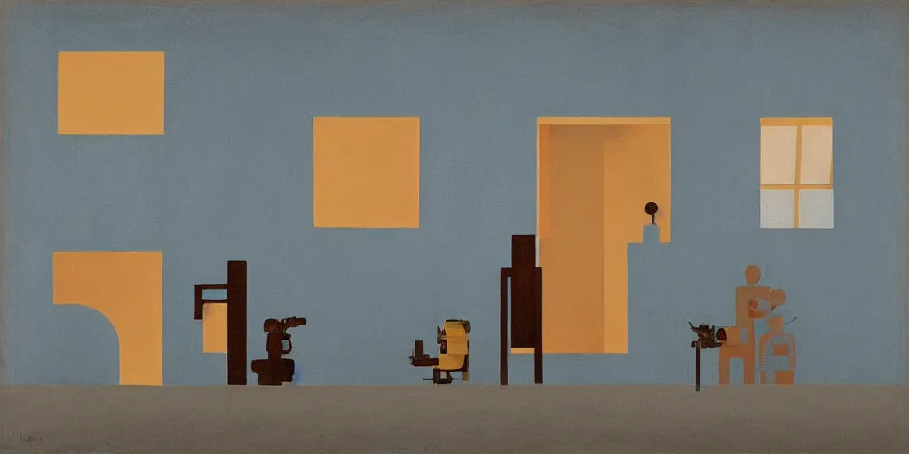Image similar to a robot and a human standing next to each other staring out a window in the future, perfect symmetry, warm colors, in the style of gertrude abercrombie, whimsical, surreal, super focus, emotional colors, h 1 0 2 4