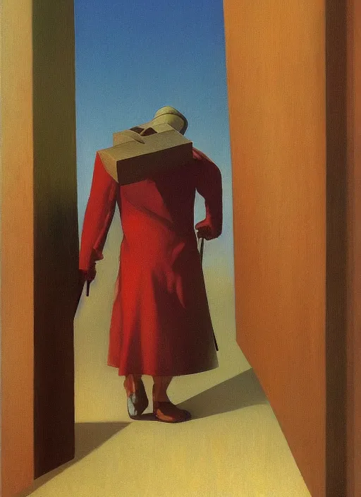 Image similar to man with a paper bag over the head and a sward shopping Edward Hopper and James Gilleard, Zdzislaw Beksinski, Steven Outram highly detailed