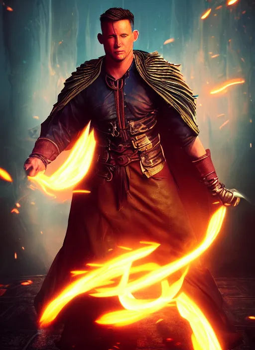 Image similar to A fantasy comic book style portrait painting of a Channing Tatum as a godlike Sorcerer casting a fire spell, unreal 5, DAZ, hyperrealistic, octane render, RPG portrait, ambient light, dynamic lighting