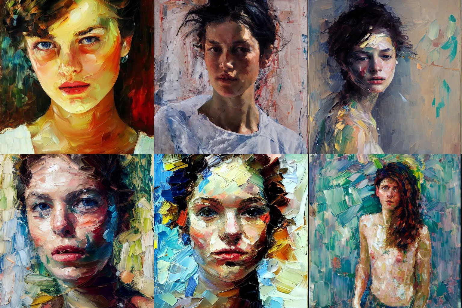 Image similar to highly detailed palette knife oil painting of a young woman by Peter Lindbergh, impressionistic brush strokes, painterly brushwork