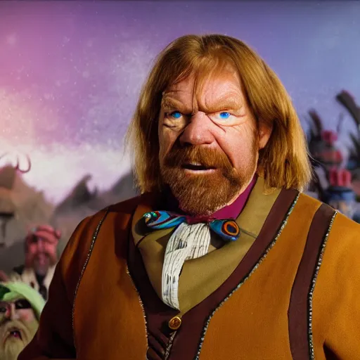 Image similar to portrait of hacksaw jim duggan as willy wonka in morrowind, fantasy, warcraft, warhammer, splash art, movie still, detailed face, photorealistic facial features, cinematic lighting, dramatic, octane render, long lens, shallow depth of field, bokeh, anamorphic lens flare, 8 k, hyper detailed, 3 5 mm film grain