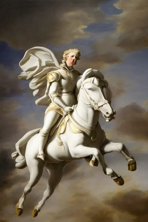 Prompt: Margaret Thatcher riding a valiant armoured steed, oil on canvas by Antonio Canova,