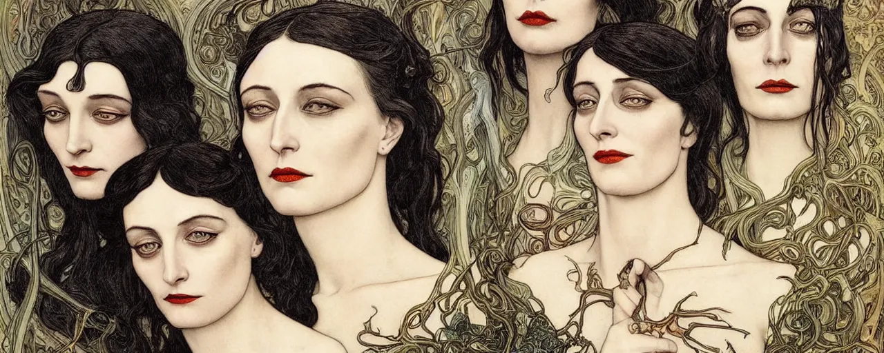 Prompt: stunning hyperdetailed art nouveau portrait of eva green wednesday addams and anjelica huston as the mythological 3 witches, by achilleos, kaluta and mucha, photorealism, extremely beautiful, perfect symmetrical facial features, perfect anatomy, strong confident eyes, witchcraft, glow of magic powers, eldritch crackle, lightning, fire, sparkling energy bolts