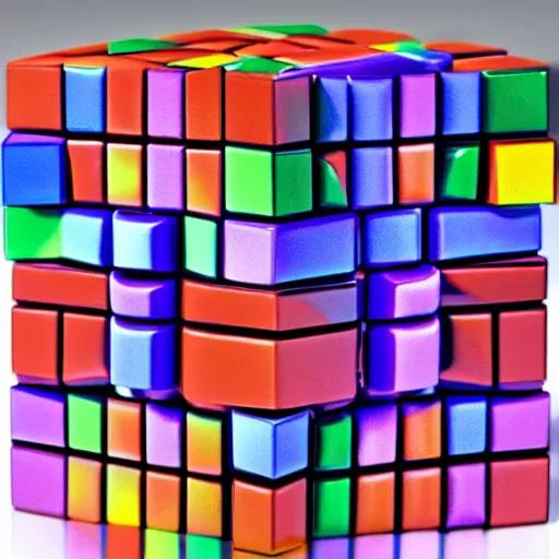 Image similar to ultra complex 5 * 7 * 9 rubiks cube, impossible to solve, hyperreal, confusing perspective, clear colours.