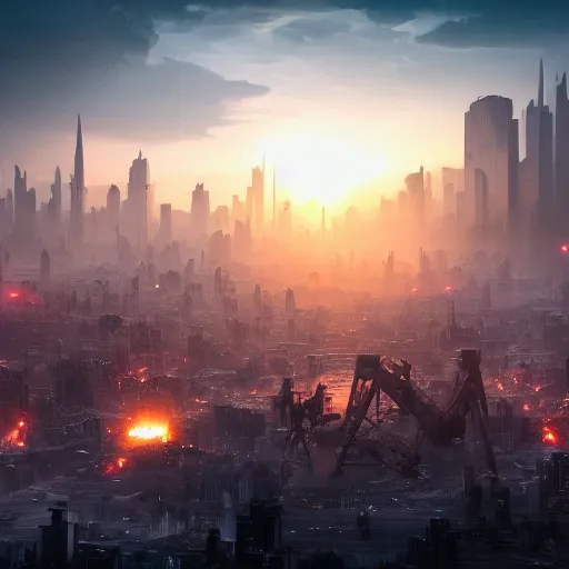 Image similar to detailed concept art of dying sun over a metropolis with the citizens looking upward in fear, darkness. Fire, stunning volumetric light, sunset, metal, concrete and translucent material, debris, trending on Artstation, 8k, photorealistic, hyper detailed, unreal engine 5, IMAX quality, cinematic, epic lighting,