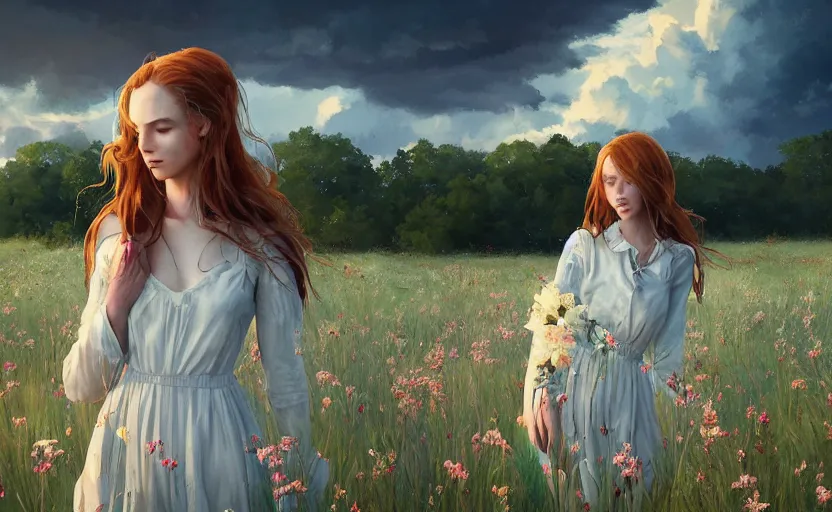 Image similar to a beautiful southern woman named Savannah Savage, innocent, sad cerulean eyes, freckles, long ginger hair tied with white ribbon, thoughtful in a field of flowers on a farm, gentle lighting, innocent mood, storm in the distance, somber, western clothing, dress,digital art by Makoto Shinkai ilya kuvshinov and Wojtek Fus, digital art, concept art,