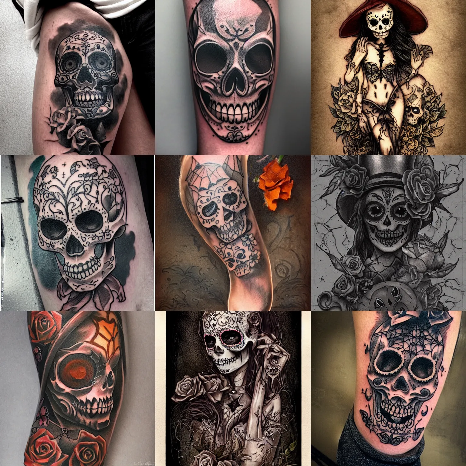 Prompt: halloween tattoo on thigh by anton pieck, sugar skull in graveyard at midnight, intricate, extremely detailed, digital painting, artstation, concept art, smooth, sharp focus, illustration, intimidating lighting, incredible art,