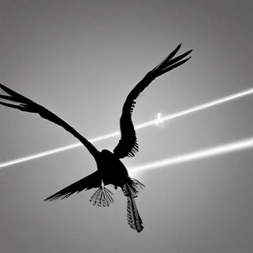 Image similar to a giant bird shooting lasers through his eyes, conspiracy photo, top secret, black and white, grained