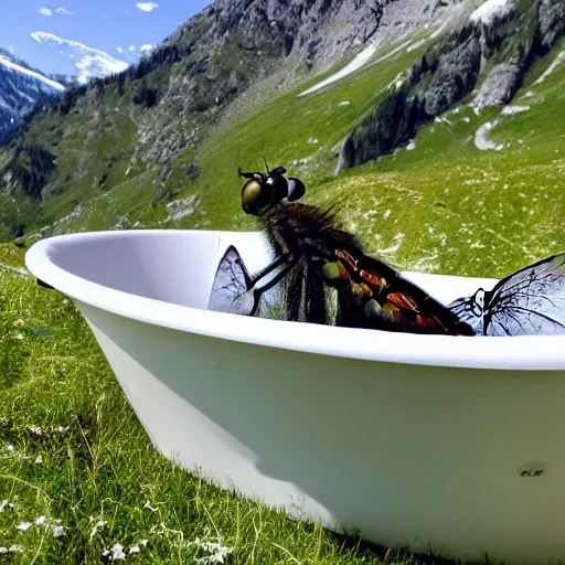 Prompt: dragonfly in a bathtub in the alps, big goat in the background