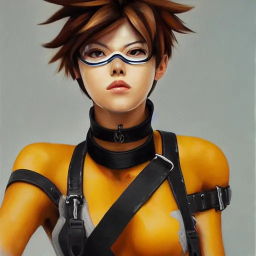 Image similar to oil painting of tracer overwatch in a field wearing very large black leather belt choker collar around neck, in style of mark arian, expressive face, very detailed face, very detailed eyes, belt around neck, full body, feminine face, tracer overwatch,