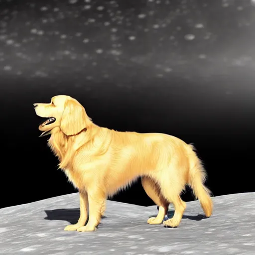 Image similar to a golden retriever dog on the surface of the moon, 3 d render, dramatic, photorealistic