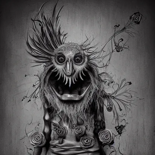 Prompt: surrealism grunge cartoon sketch of a raven monster with a wide smile holding flowers by - michael karcz, loony toons style, horror theme, detailed, elegant, intricate