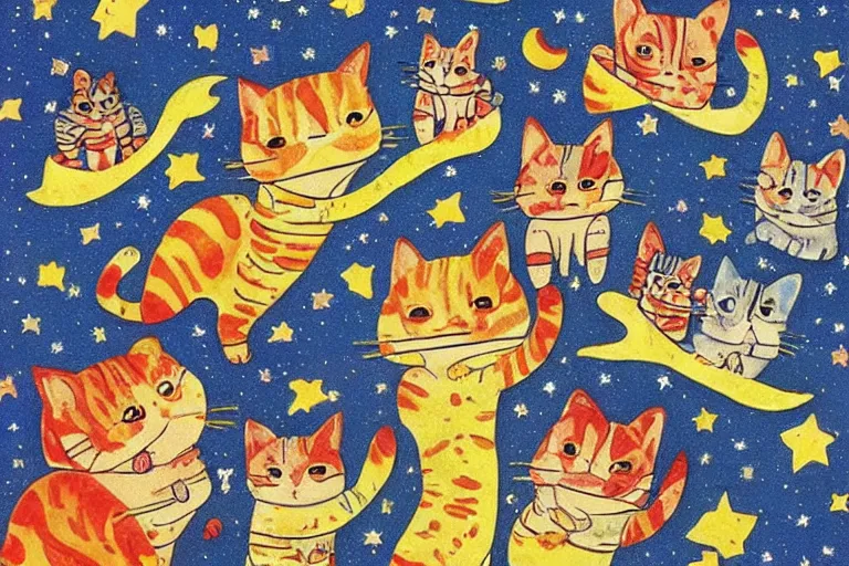 Image similar to night starry sky full of cats, by lous wain and richard scarry