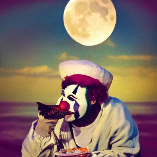 Image similar to clown, eating fish, moon, high res, sky diamonds, film grain
