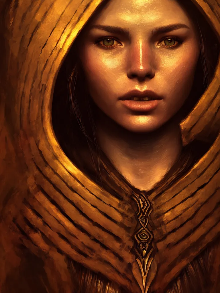 Image similar to a face portrait of a beautiful girl from skyrim, skyrim setting, close - shot, symmetrical face, warm colors, soft lighting, atmospheric, cinematic, moody, in the style of diego koi, gina heyer, luiz escanuela, art by alyssa monk, hyperrealism, rule of thirds, golden ratio, oil on canvas, 8 k