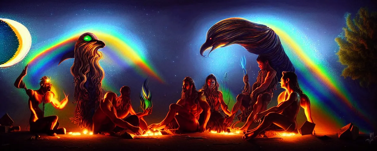 Image similar to uncanny!!! bifrost!!! mythical beasts of sitting around a fire under a full moon at bifrost, surreal dark uncanny painting by ronny khalil