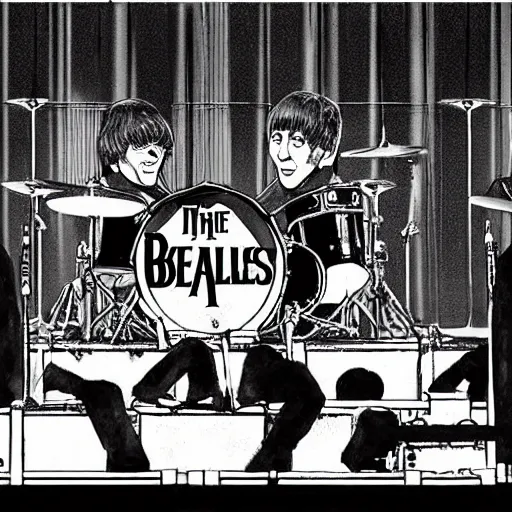 Image similar to The Beatles playing in the Budokan, manga illustration,