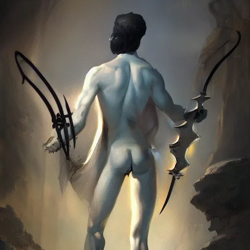 Image similar to wide shot, fantasy painting of a pale man with a black blade covered in runes, painted by Bayard Wu, ultra detailed, 8k