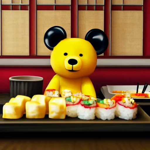 Prompt: Yellow teddy bear wearing red shirt eating sushi at a restaurant, realistic, highly detailed