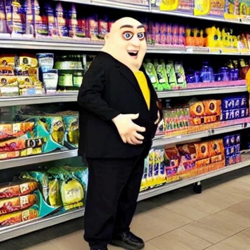 Prompt: gru from despicable me robs a grocery shop