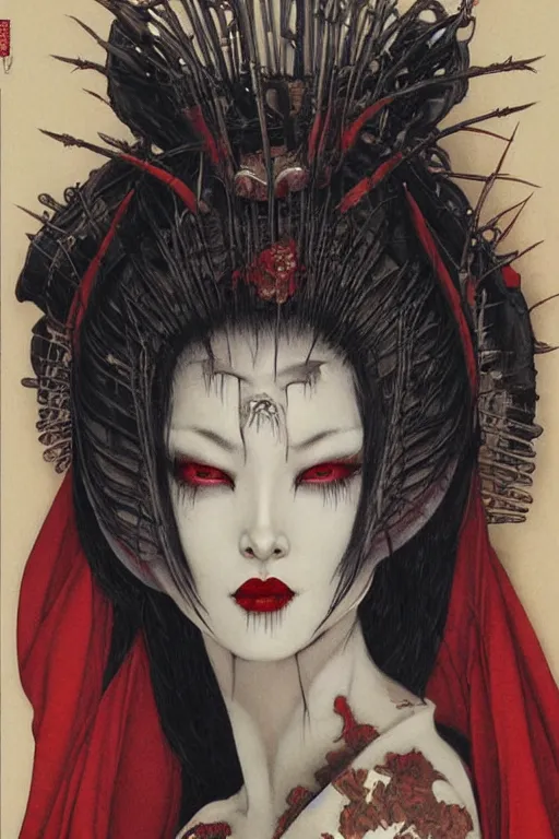 Prompt: painting of a geisha vampire queen by brain froud, dave dorman, takato yamamoto, h. r. giger, red