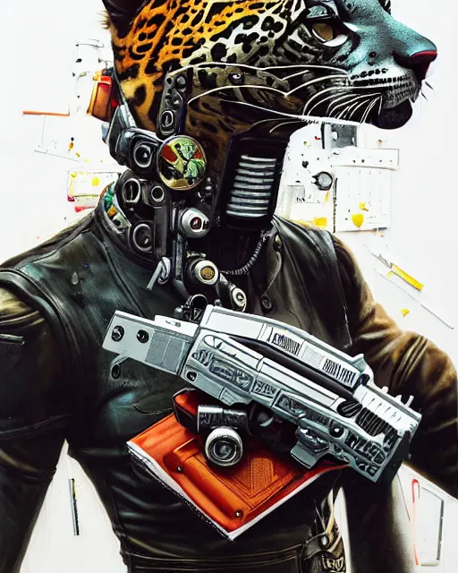 Image similar to a portrait of an anthropomorphic cyberpunk jaguar by sandra chevrier, by jon foster, detailed render, pistol in holster, tape deck, epic composition, cybernetics, 4 k realistic, cryengine, realistic shaded lighting, sharp focus, masterpiece, by enki bilal