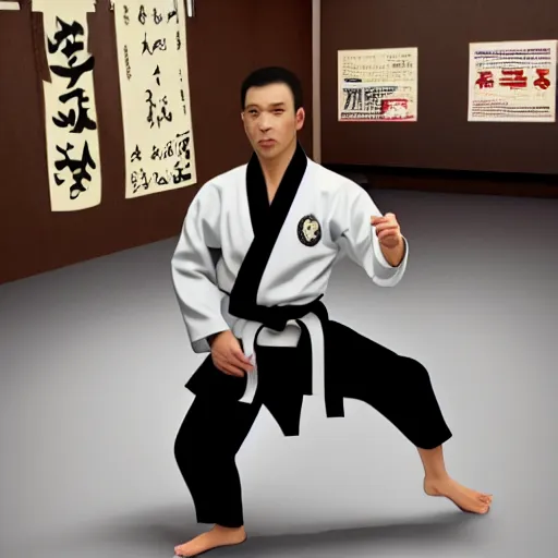 Prompt: hyperrealistic image of martial artist in uniform doing kata