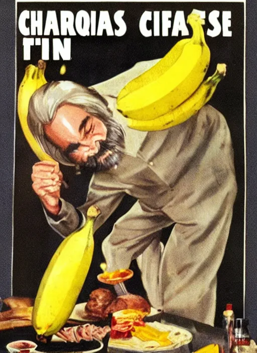 Image similar to vintage home barbecue advertisement depicting charles manson slipping on a banana peel