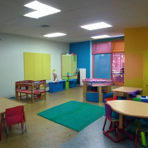 Image similar to childrens daycare indoors no windows limital space, not well lit, creepy photo