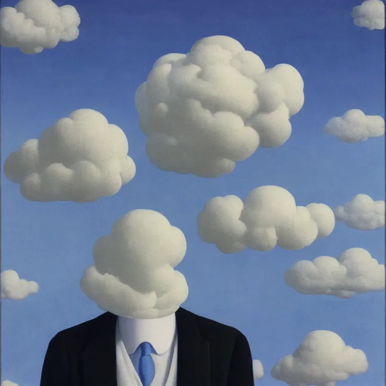 Image similar to cloud - man, by rene magritte, centered, detailed painting, hd, hq, high resolution, high detail, 4 k, 8 k