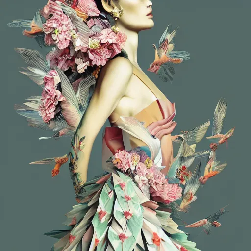 Image similar to 3 / 4 view of a beautiful girl wearing an origami dress, eye - level medium shot, fine floral ornaments in cloth and hair, hummingbirds, elegant, by eiko ishioka, givenchy, ambrosius boeschaert, by peter mohrbacher, centered, fresh colors, origami, fashion, detailed illustration, vogue, native american woman, reallusion character creator