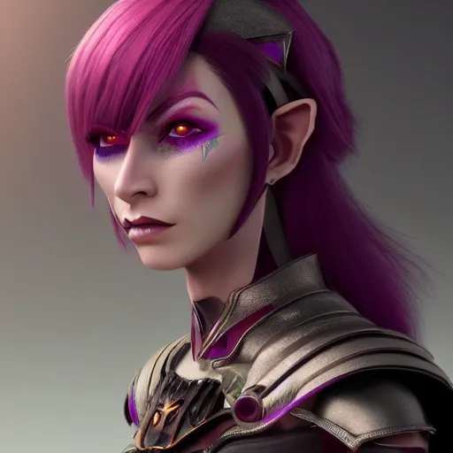 Image similar to portrait of a female high elf with magenta eyes and dark hair, 3 d octane render trending on art station 8 k