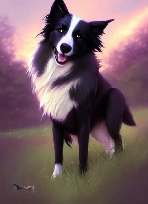 Image similar to wide angle beautiful full body portrait of a cute anthro male border collie fursona with two legs posing in front of a park, character design by charlie bowater, henry asencio, and ross tran, furry art, furaffinity, scenic background, beautiful, glamor pose, detailed, aesthetic, trending on artstation