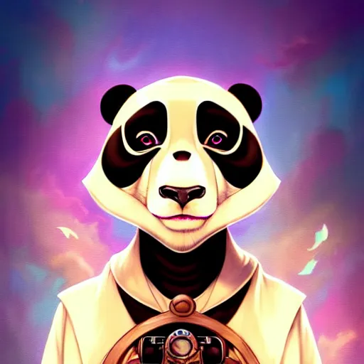 Image similar to don bluth, loish, artgerm, joshua middleton, steampunk, clockpunk anthropomorphic panda, full sailor suit, symmetrical eyes symmetrical face, colorful animation forest background