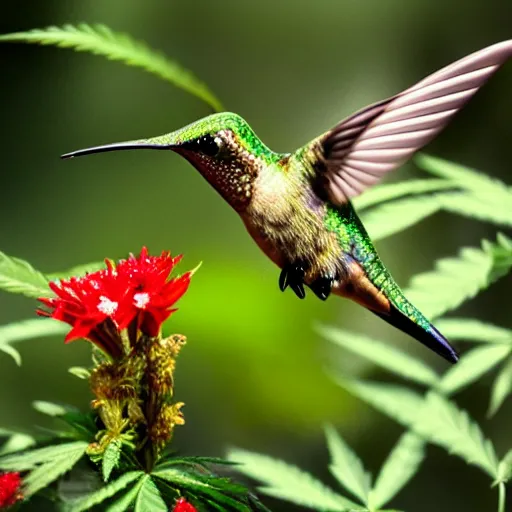 Image similar to beautiful hummingbird drinking from a marijuana plant, wildlife photography, highly detailed, high quality, 8 k, soft lighting,