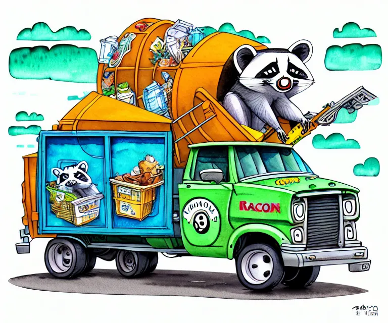 Prompt: cute and funny, racoon riding in a garbage truck, ratfink style by ed roth, centered award winning watercolor pen illustration, isometric illustration by chihiro iwasaki, edited by range murata, tiny details by artgerm and watercolor girl, symmetrically isometrically centered, sharply focused