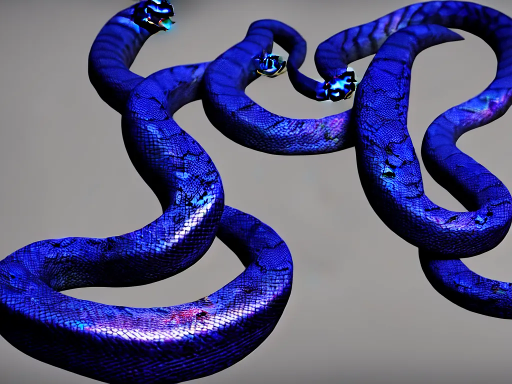 Image similar to a beautiful large eastern indigo snake, iridescent scales, 4 k, trending on artstation, award winning, photorealistic, volumetric lighting, octane render,