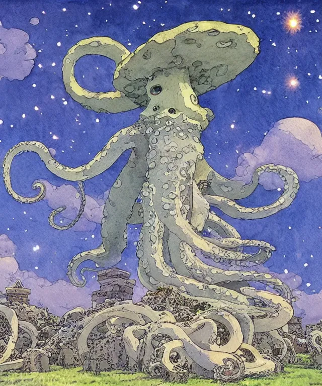 Image similar to a hyperrealist studio ghibli watercolor fantasy concept art. in the foreground is a giant grey octopus lifting and putting stones in to place on top of stonehenge with a starry sky. by rebecca guay, michael kaluta, charles vess