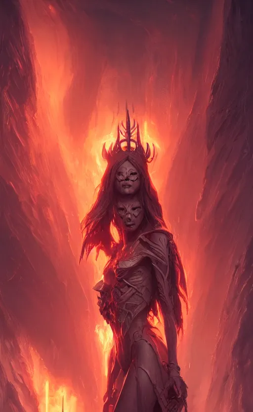 Prompt: female archfiend at the fiery pits of hell, flawless symmetrical pretty cute face, greg rutkowski, 8 k, shallow depth of field, intricate detail, concept art,